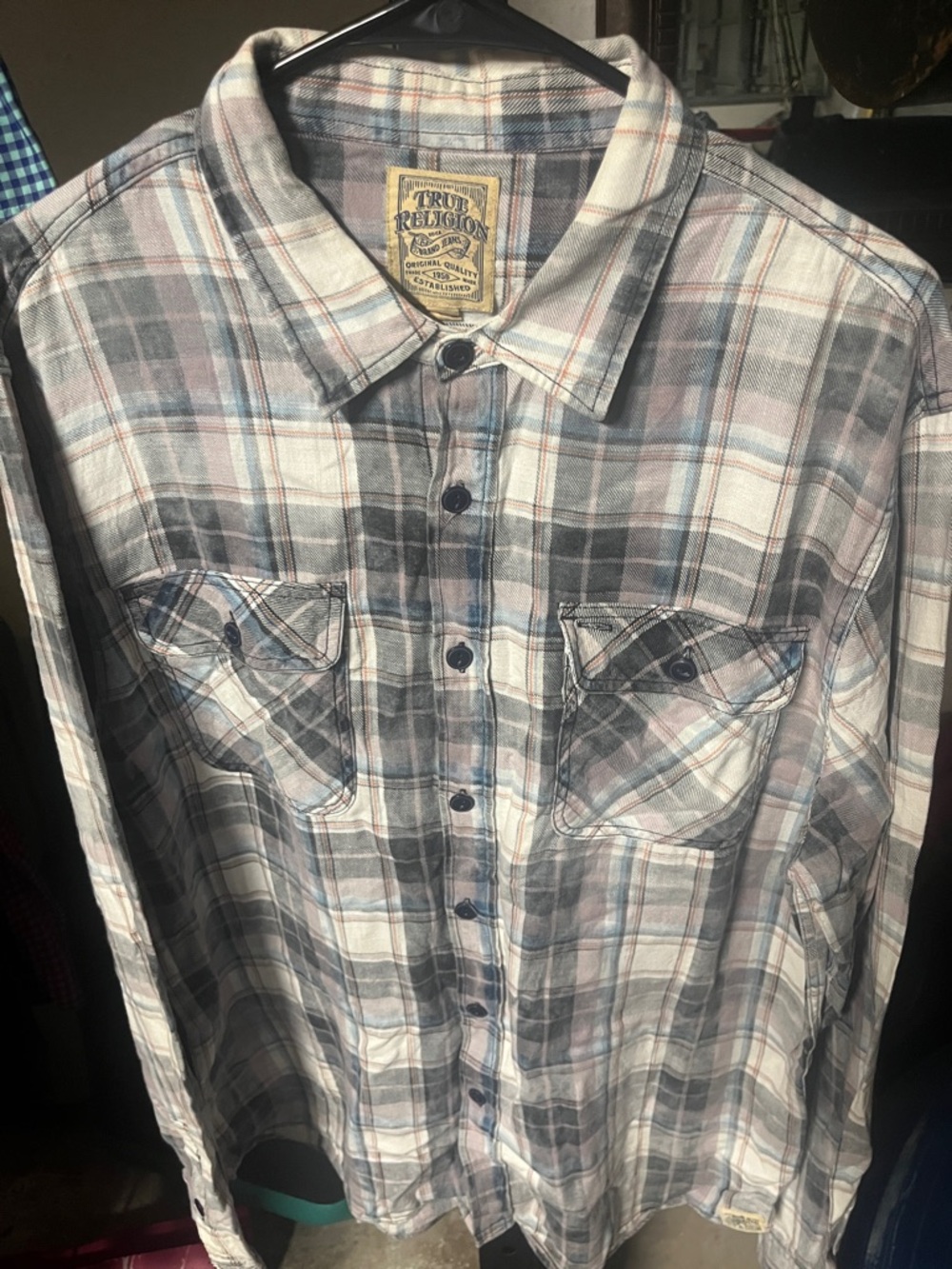 True Religion Plaid Button-Down Shirt in Gray, Blue and Cream